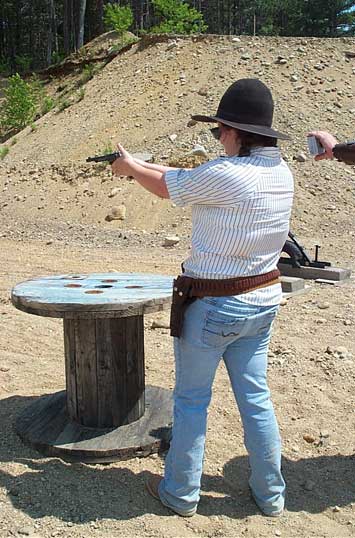 Steel Slammin' Sammy shooting pistol at Pemi Gulch, June 2005.
